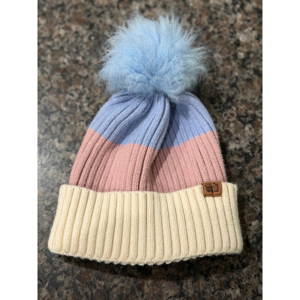 Britts Knits Kids Wonderland Pom Hat Pastel Colorblock Ribbed Beanie Pink Blue